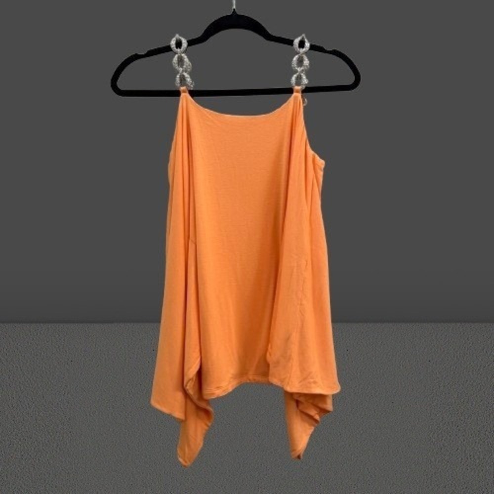 NEW Sky Women Cold Shoulder Top Rhinestone Chain Straps Drape Orange Medium - Picture 3 of 4